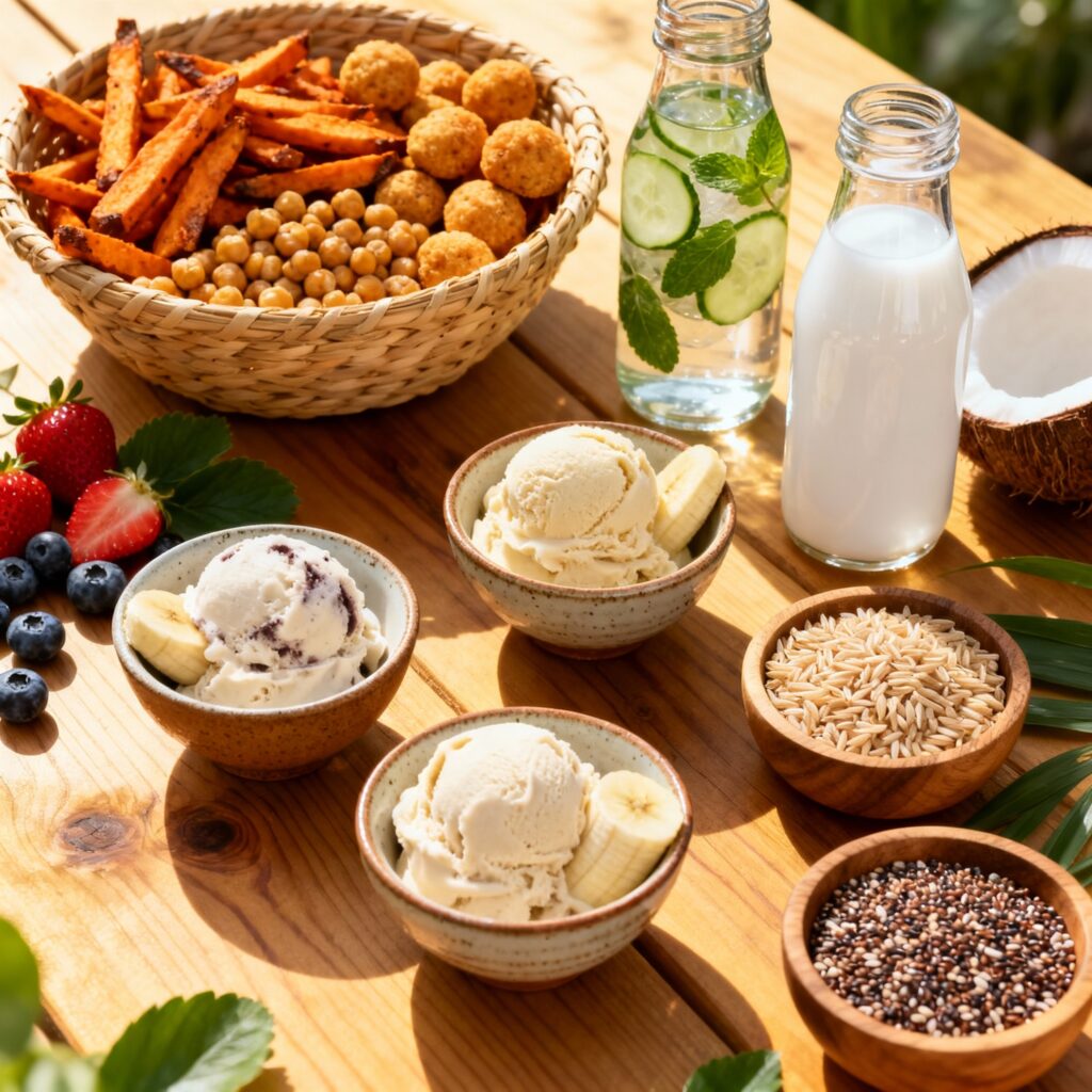 "Healthy food swaps including frozen yogurt, banana ice cream, roasted snacks, infused water, coconut water, brown rice, and quinoa on a wooden table."