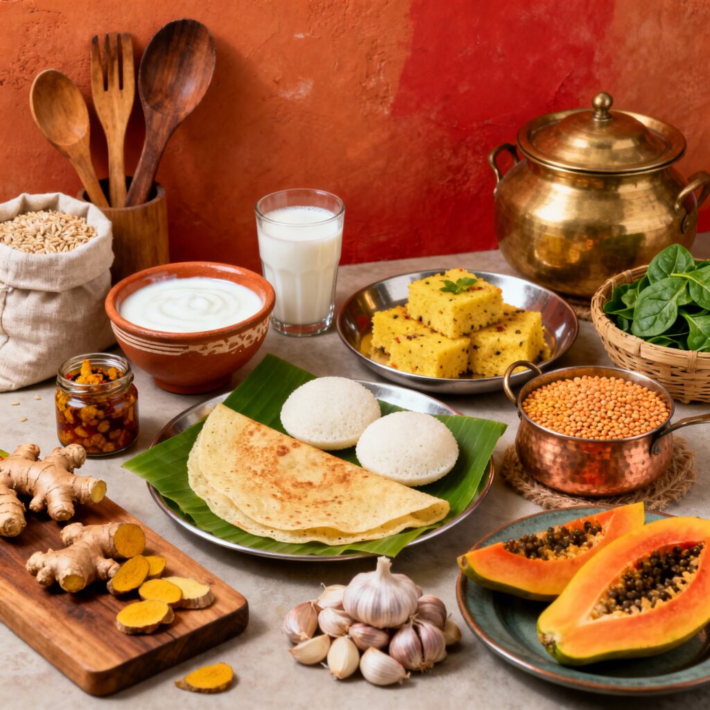 Colorful assortment of gut-friendly Indian foods including yogurt, buttermilk, idli, dosa, dhokla, pickles, lentils, turmeric, ginger, garlic, spinach, papaya, and whole grains displayed in a warm Indian kitchen setting."