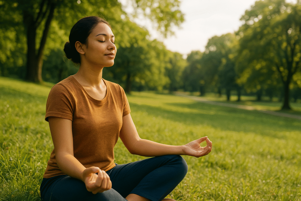 A young woman meditating peacefully on green grass in a sunny park, eyes closed, enjoying nature and calmness during a digital detox moment.