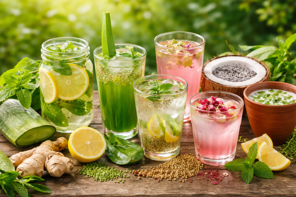 Natural herbal drinks with mint, lemon, aloe vera and basil seeds to keep the body cool during summer